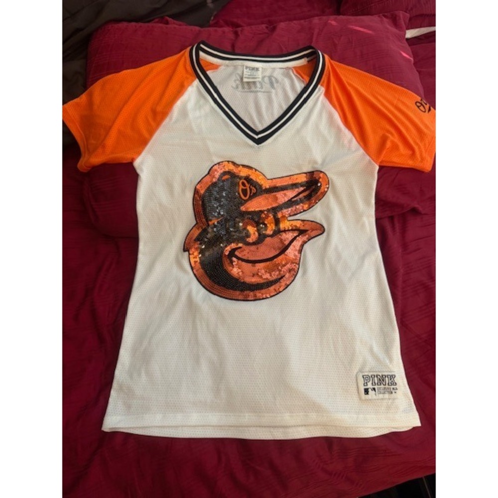 PINK Victoria's Secret MLB Baltimore‎ Orioles Sequin Logo Mesh Jersey Top
